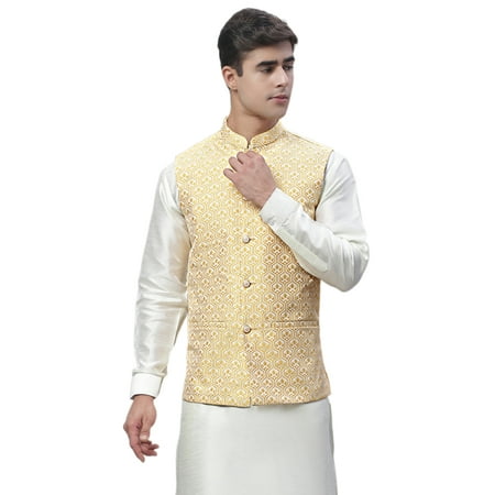 Maple Clothing Sleeveless Nehru Jacket Men's Traditional India Modi Waistcoat Vest Guest Outfit (Gold, S)