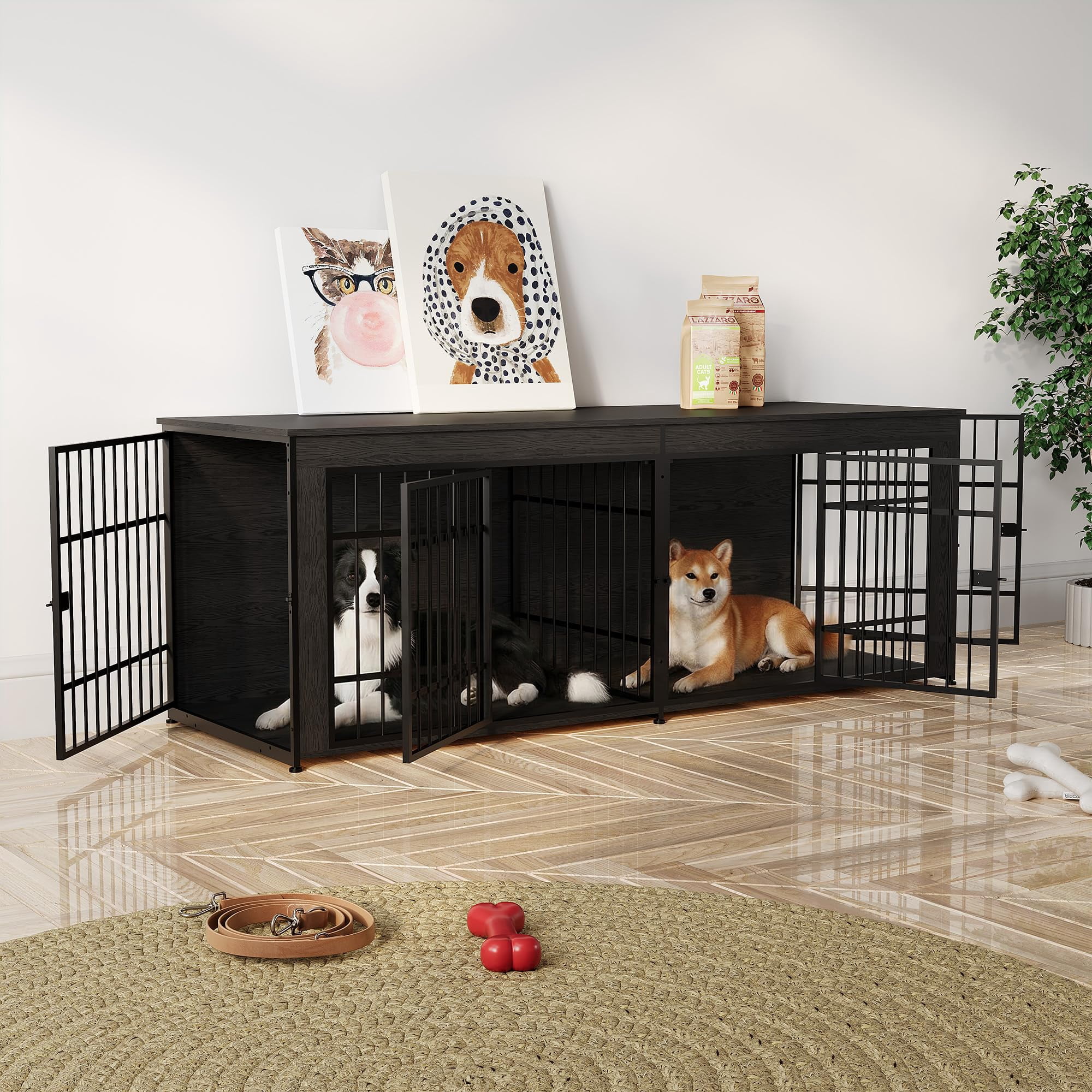Heavy Duty Extra Large Wooden Dog House Furniture – 4 Doors, Divider & Storage – End Table TV Stand, Indoor Kennel for Large/Medium Breeds – Gray, 2m