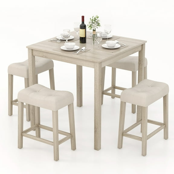 Gymax 5 PCS Square Bar Table Set for 4 w/ Padded Stools Rubber Wood Legs for Kitchen