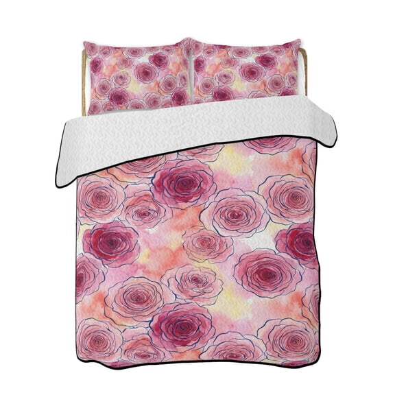 Full Size Quilt Bedding Set, Pink Rose Flowers Reversible Summer Quilt 3 Pieces, Romantic Floral Blossom Watercolor Lightweight Bedspreads Coverlets with 2 Pillow Shams for All Seasons