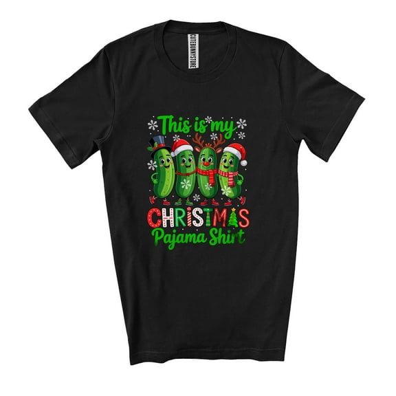 This Is My Christmas Pajama Shirt; Humorous X-mas Four Santa Reindeer Snowman Pickles Unisex T-Shirt