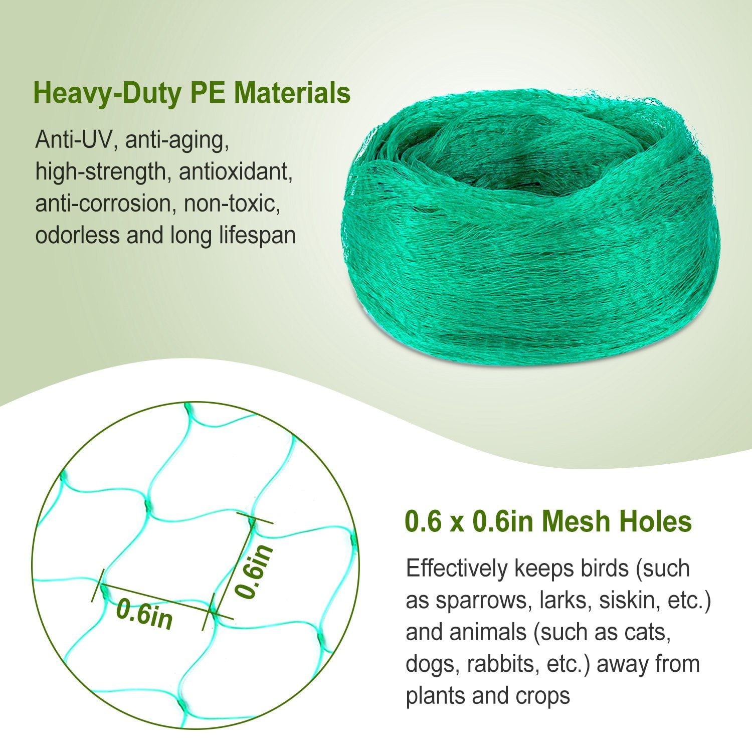 13x33ft Heavy-Duty PE Garden Netting, 430sqft Bird and Animal Protection, 0.6in x 0.6in Mesh, UV-Resistant, Multi-Purpose for Plants