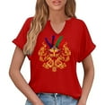 thumbnail image 6 of Fengqque Women's Carnival Printed Fashion Daily Short Sleeve V-neck Casual Waist-cinching Shirt Red L(L), 6 of 6