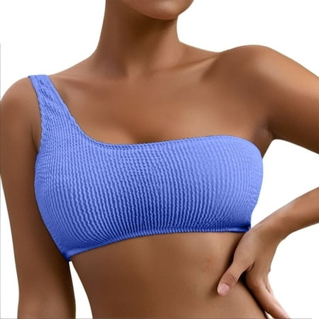 Women s Ribbed Padded Bandeau Bikini Top - Stylish Shoulder Swimsuit for Summer Beachwear Blue L