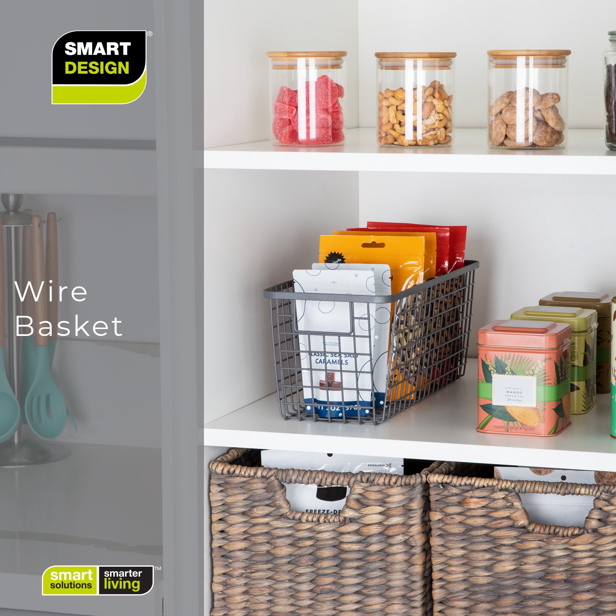 Smart Design Nestable Basket Organizer with Handles - 6 x 16 x 6 inches - Gunmetal - Set of 4