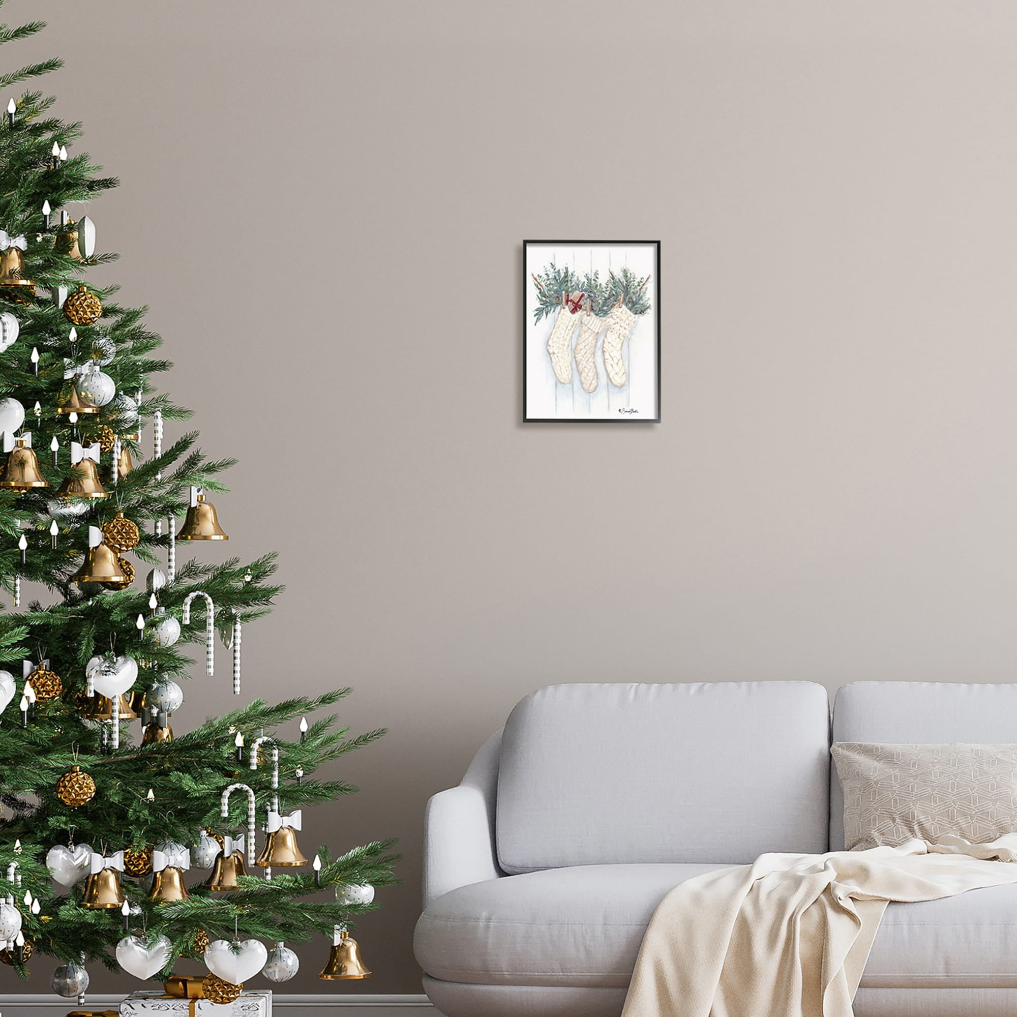 Hanging White Knit Stockings Festive Holly Detail Botanical & Floral Painting Framed Art Print Wall Art