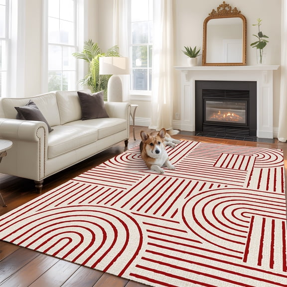 Red Beige Arches Washable Area Rug 5x8 Abstract Modern Minimalist Curves Line Geometric Low-Profile Large Area Rugs Non Slip Indoor Floor Carpet for Entrance Living Room Bedroom Home Office