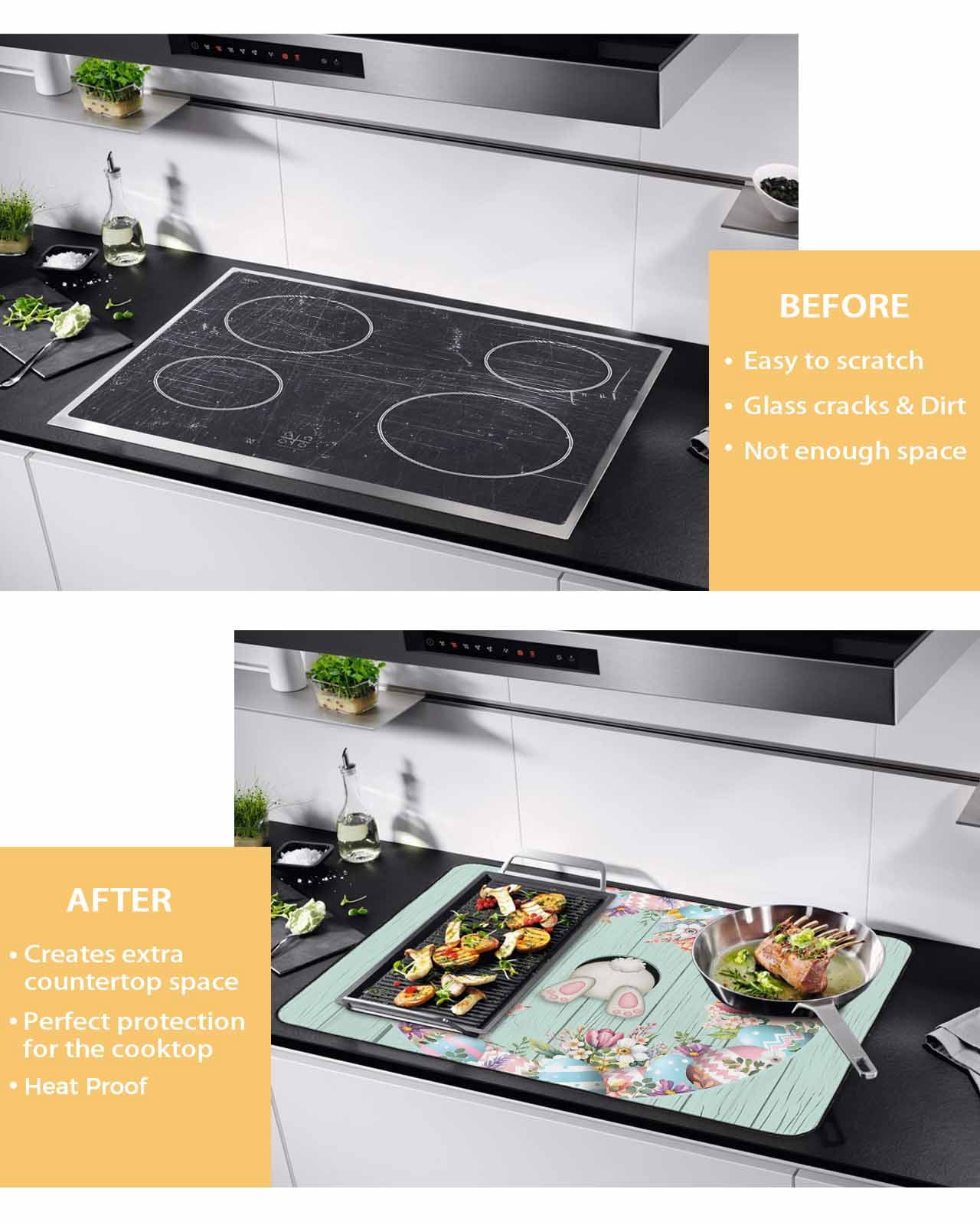 Large Induction Cooktop Protector Mat Easter Stove Top Covers for Electric Stove, Bunny Spring Floral Eggs Sage Green Wooden Decorative Stove Burner Cover Mats, Glass Top Stove Cover