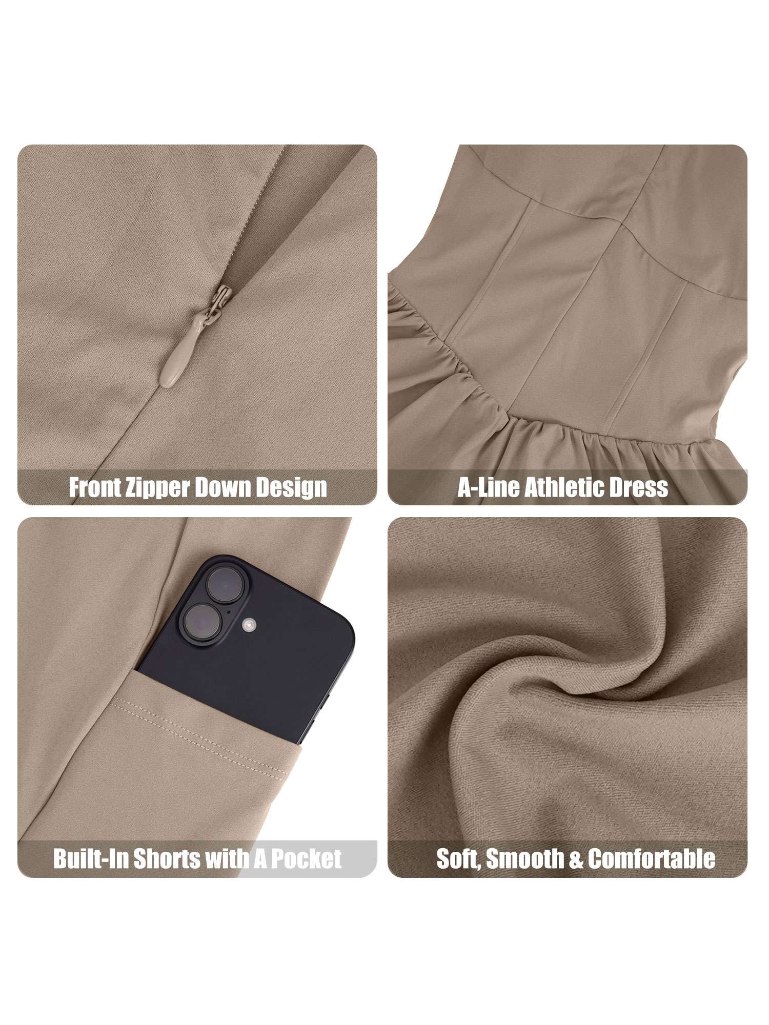 Deago Tennis Dress for Women Sleeveless Golf Dresses with Built-in Bra Shorts and Pockets Slim Fit Zip Up High Neck Golf Outfits (Khaki, L)