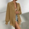 thumbnail image 3 of Oplxuo Long Sleeve Linen Shirts for Women Casual Solid Tie Front Lapel Coverup Beach Tops Loose Sun Protection Blouse, 3 of 7