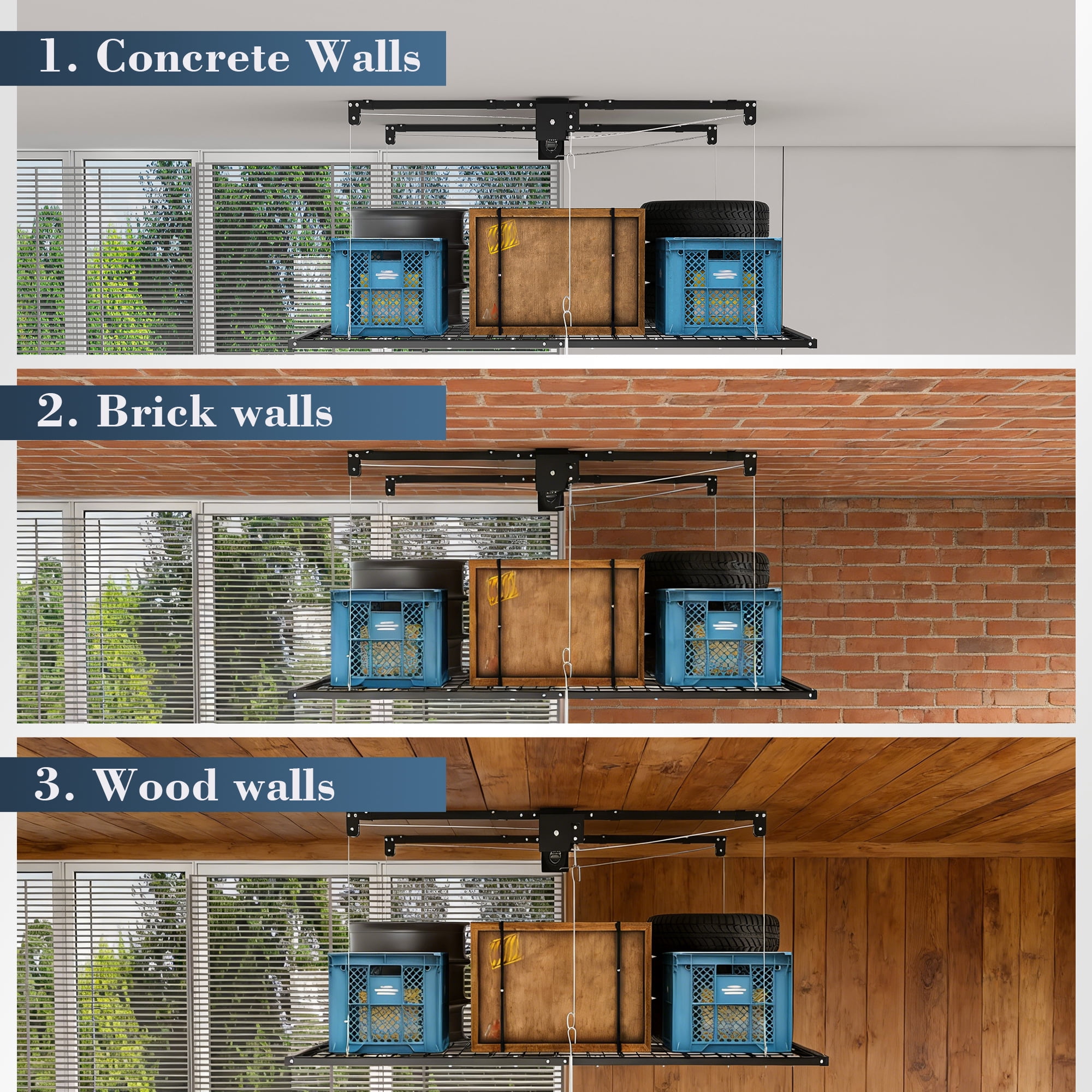 Aukfa 4x8 ft Ceiling Mounted Garage Storage Rack with Crank-Down System, 325 lbs Heavy Duty Overhead Storage Lift for Tires & Tools, Black
