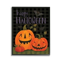 Stupell Industries Pumpkins & Bat on Plaid Holiday Painting Black Framed Art Print Wall Art, 11 x 14