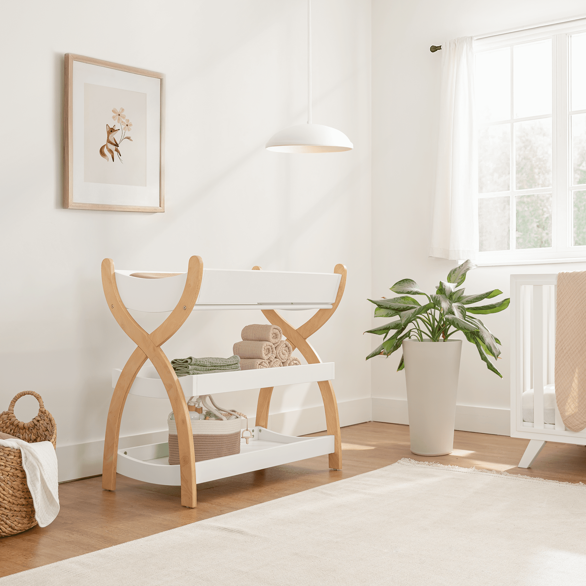 Comfy Cubs Baby Changing Table with Two Open Shelves for Storage - White with Natural Wood Legs