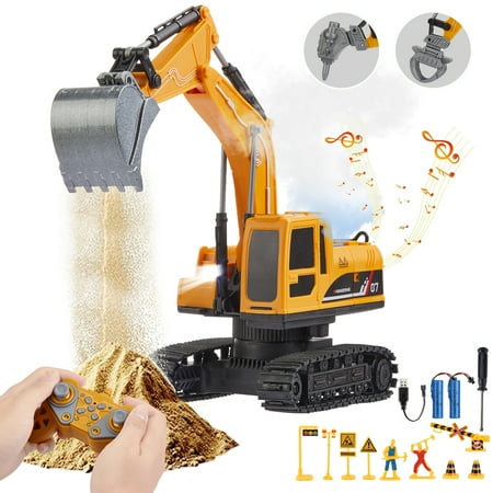 Petbank 3 in 1 Shovel Changeable Remote Control Excavator, Rechargeable 11 Channel Excavator Construction Toy with Metal Shovel, Spray, Lights, Sounds