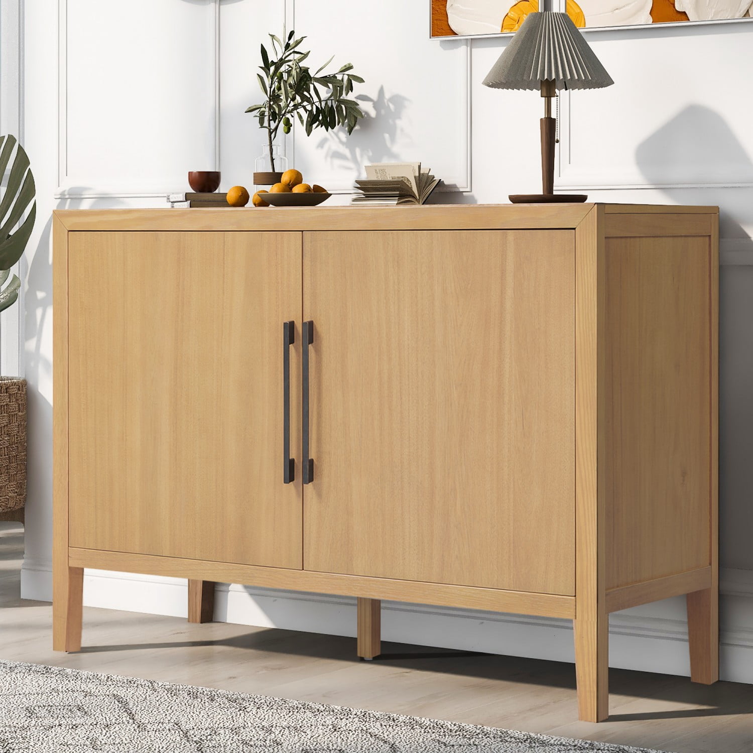 47.25" Farmhouse Sideboard Buffet Cabinet with Storage, 2 Door Wooden Coffee Bar Cabinet with Pine Veneer and Metal Handles for Kitchen, Living Room, Entryway, Natural
