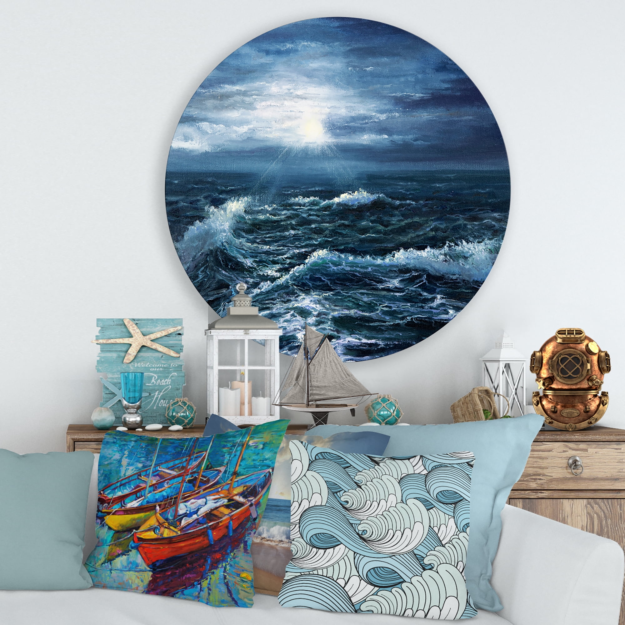 Designart 'Morning Glow Through The Ocean Waves' Nautical & Coastal Circle Metal Wall Art 29x29 - Disc of 29