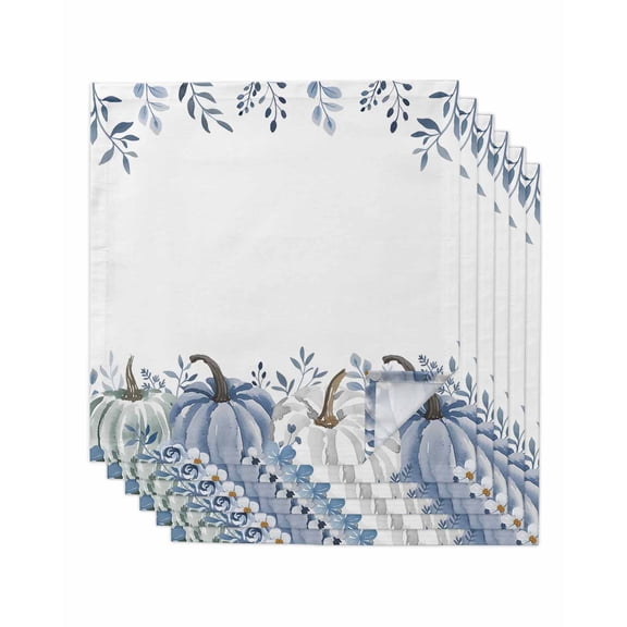 Thanksgiving Fall Cloth Napkins Set of 6 Reusable Dinner Napkins, Autumn Blue White Pumpkin Leaves Cocktail Napkin Washable Table Napkins for Wedding/Holiday Party/Baby Shower 20"x20"