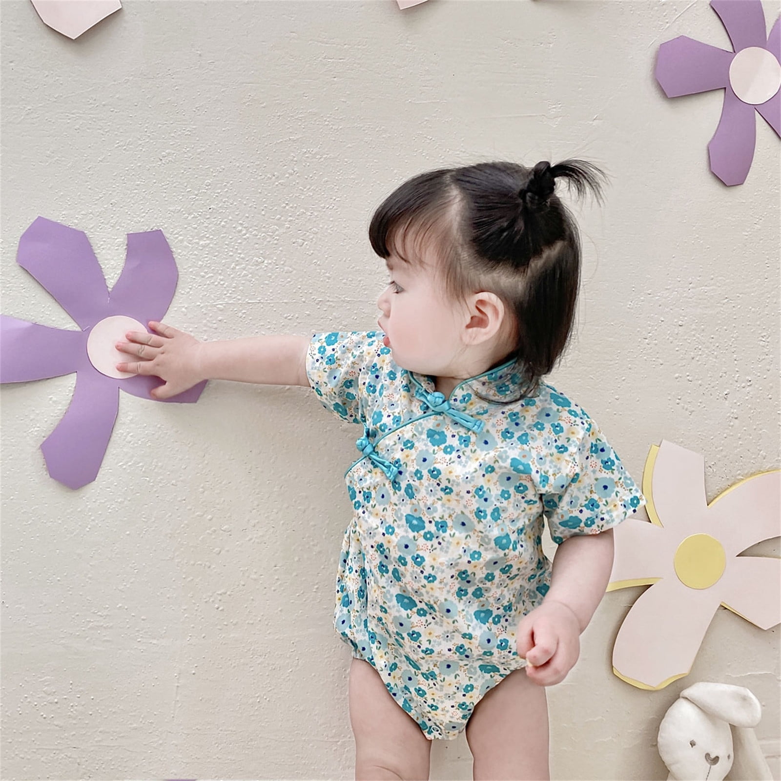 Big Kid Girl Clothing Girls Jumper Infant Newborn Kids Baby Girls Short Sleeve Floral Patchwork Romper Bodysuit Outfit Girls Clothes Green 6 12