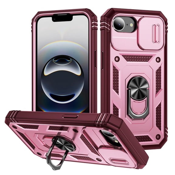 Phone Case for iPhone 17e, Slide Camera Cover Ring Kickstand Heavy‑Duty Shockproof Cover,Rose Red,For iPhone 17e