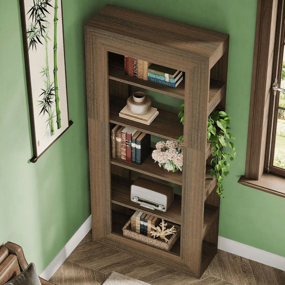 5-Tier All-Wood Bookshelf - Dark Brown Farmhouse Style, Thickened Base, for Living Room/Office/Reading Nook