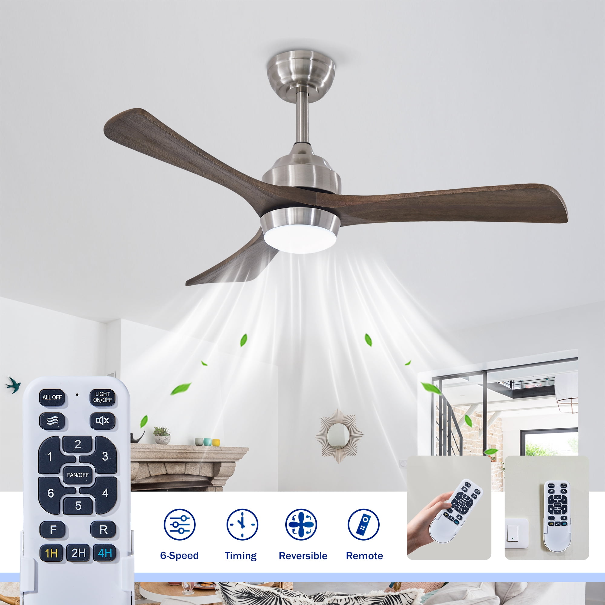 Leumius 42" Solid Wood Blades Ceiling Fan with Light and Remote Control,Quiet DC Motor 3 Blade Ceiling Fans 6 Speed Levels,Reversible for Patio Living Room Bedroom Office Black Nickel
