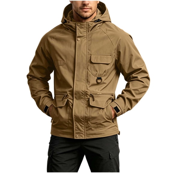 LYSMORA 2026 Men's Multi Pocket Hood Utility Softshell Jacket, Cargo Zipper Waist Pockets Hook Loop Cuff Long Sleeve Loose Fit Hiking Travel Outerwear