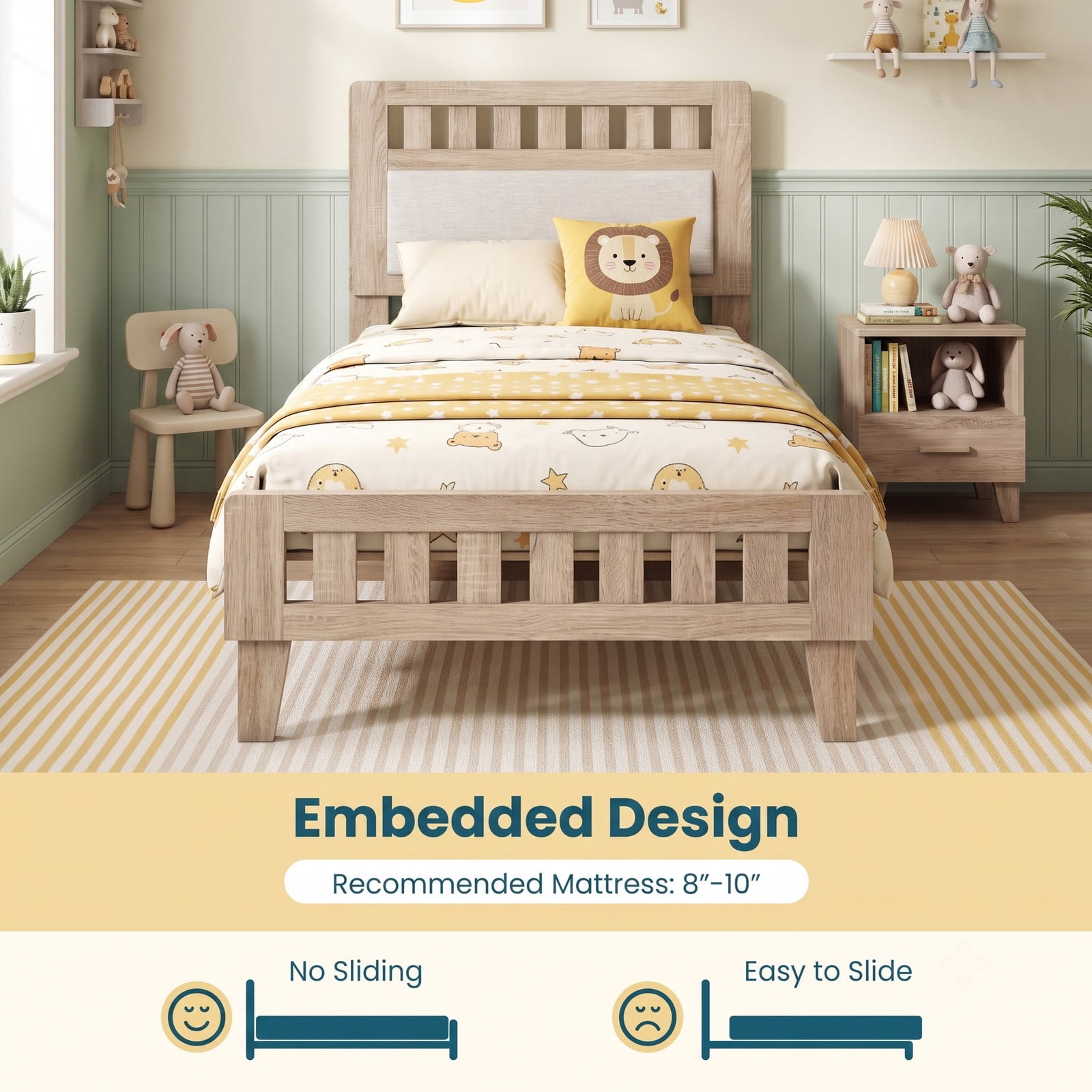 Furnibear Twin Bed Frame with Upholstered Headboard, Wood Platform Bed Frame Mid Century Style, No Box Spring, Rustic Oak and Beige
