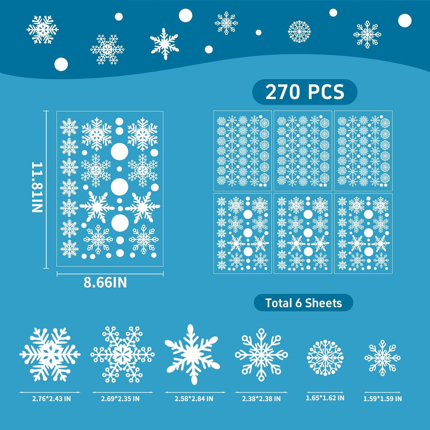 Christmas Window Clings, 155PCS Snowflake Window Stickers for Glass Window, Christmas Decorations - Double-Sided Winter Holiday Window Decals Decor for Home Classroom Party Ornaments
