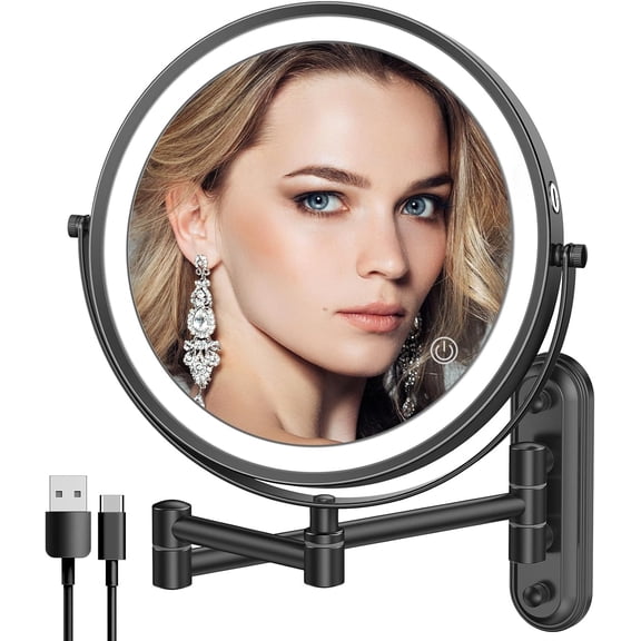 Rechargeable Wall-Mounted Makeup Mirror with 3 Color Touch Dimming, 8" LED Double Sided 1X/10X Magnifying, 360° Rotatable