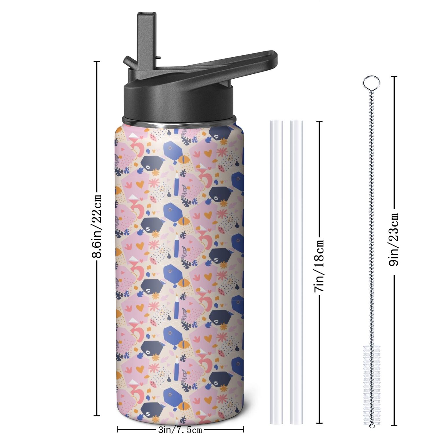 Modern 18 oz Insulated Stainless Steel Water Bottle with Straw & Cleaning Brush , Leakproof, BPA-Free, 304 Stainless Steel, Wide Mouth, Travel Mug for Car, Gym, Office
