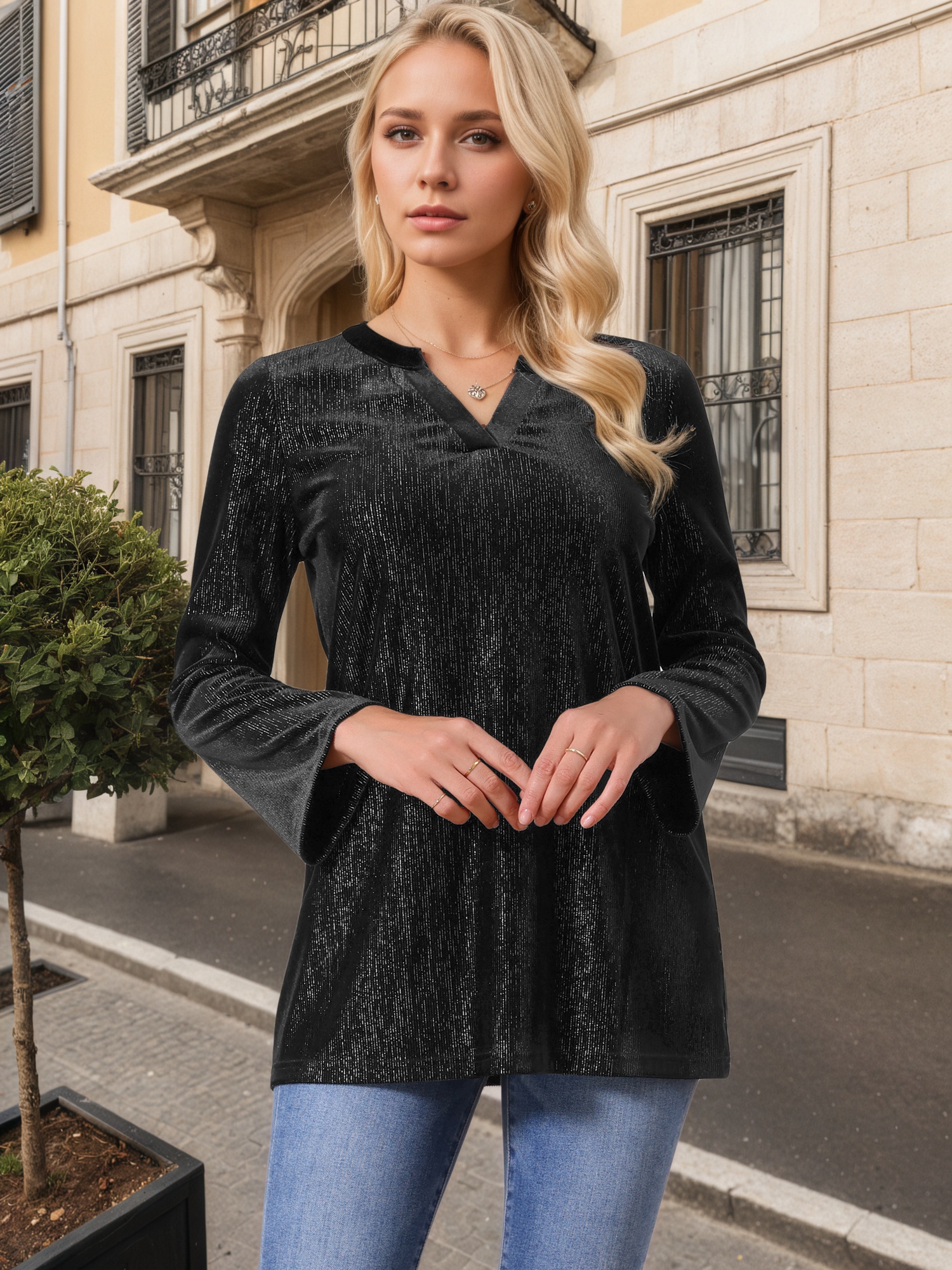 DARING DIVA Women's Velvet V Neck Long Sleeve Metallic Blouse XL Black