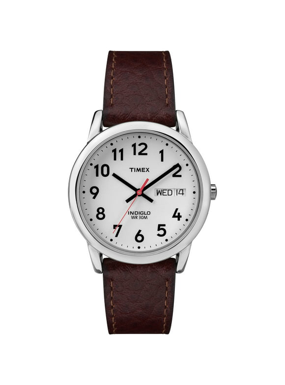 Timex Men's Easy Reader 35mm Day-Date Watch  Silver-Tone Case White Dial with Dark Brown Leather Strap