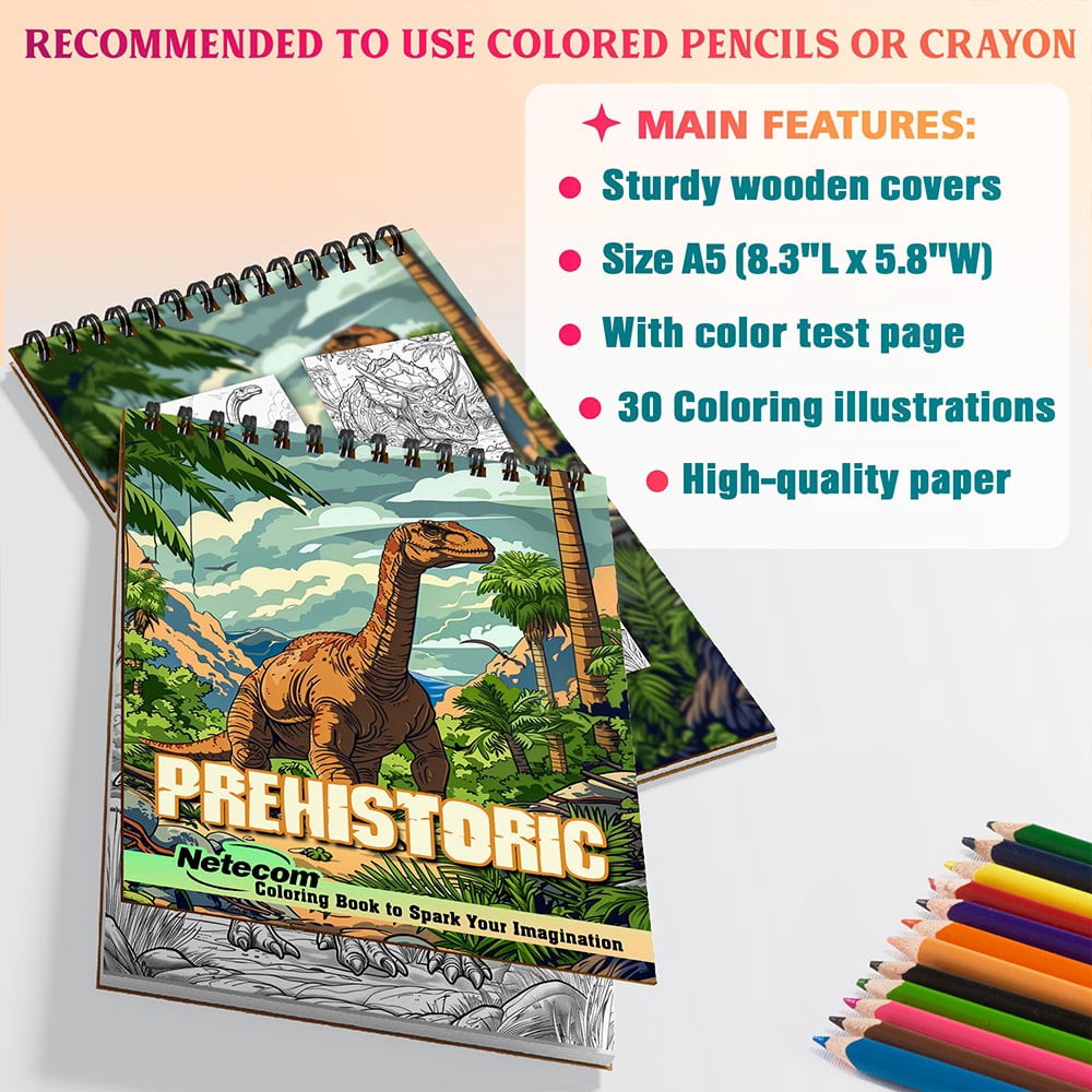 Netecom Prehistoric Coloring Book for Adults, A5 Wooden Cover, 30 Enchanting Coloring Pages of Creatures Prehistoric for Stress Relief and Relaxation, Spiral Bound Edition