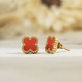 thumbnail image 3 of JeenMata Pendientes de Botón con Flores Rojas Bañados en Oro Amarillo, 3 of 7