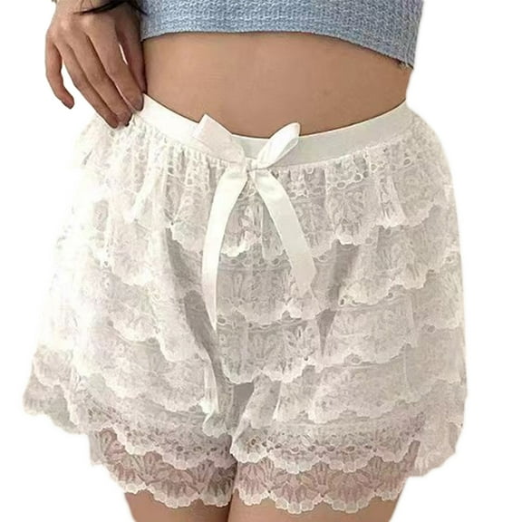 Womens Tiered Ruffled Lace Panty Bloomers Shorts Sweet Bowknot Half Slip Safety Pant Frilly Pettipants Knickers