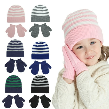 

KYAIGUO 2PCS Infant Kids Boys Girls Winter Striped Warm Hat Gloves 2PCS Set for Baby Toddler 18 Months - 8 Years