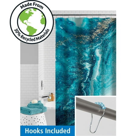 Mainstays Waterproof Watercolor Marble 30% Recycled PEVA Shower Curtain Set & Hooks, 13-Piece, Blue