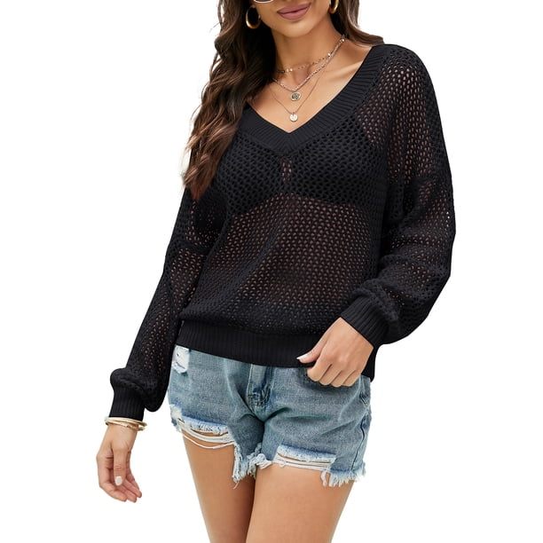 Jersey de mujer, Top de punto suelto para mujer Agujeros huecos con cuello en V Tops casuales de man Abanopi Negro/Grande