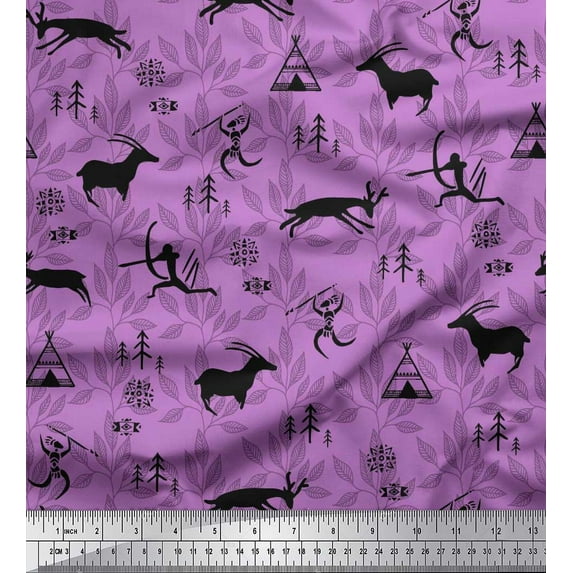 Soimoi polyester Crepe Fabric Reindeer,Tent & Human African Print Fabric by Yard 42 Inch Wide