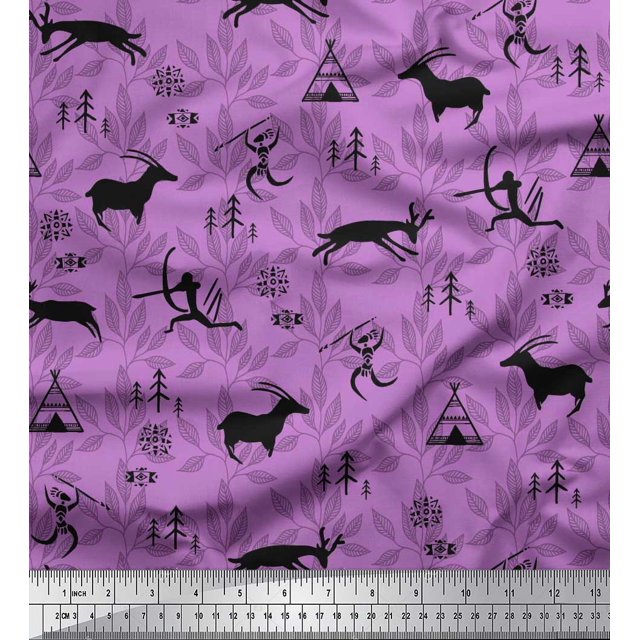Soimoi Crepe Silk Fabric Reindeer,Tent & Human African Printed Fabric 1 Yard 42 Inch Wide