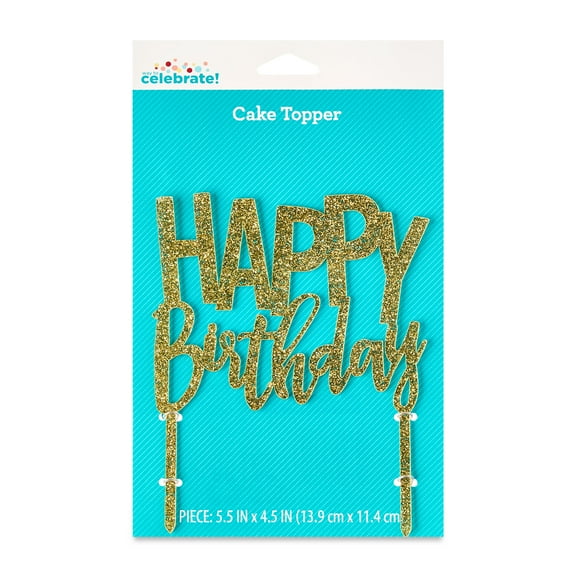 Gold Glitter Happy Birthday Cake Topper, 5" x 6", by Way To Celebrate