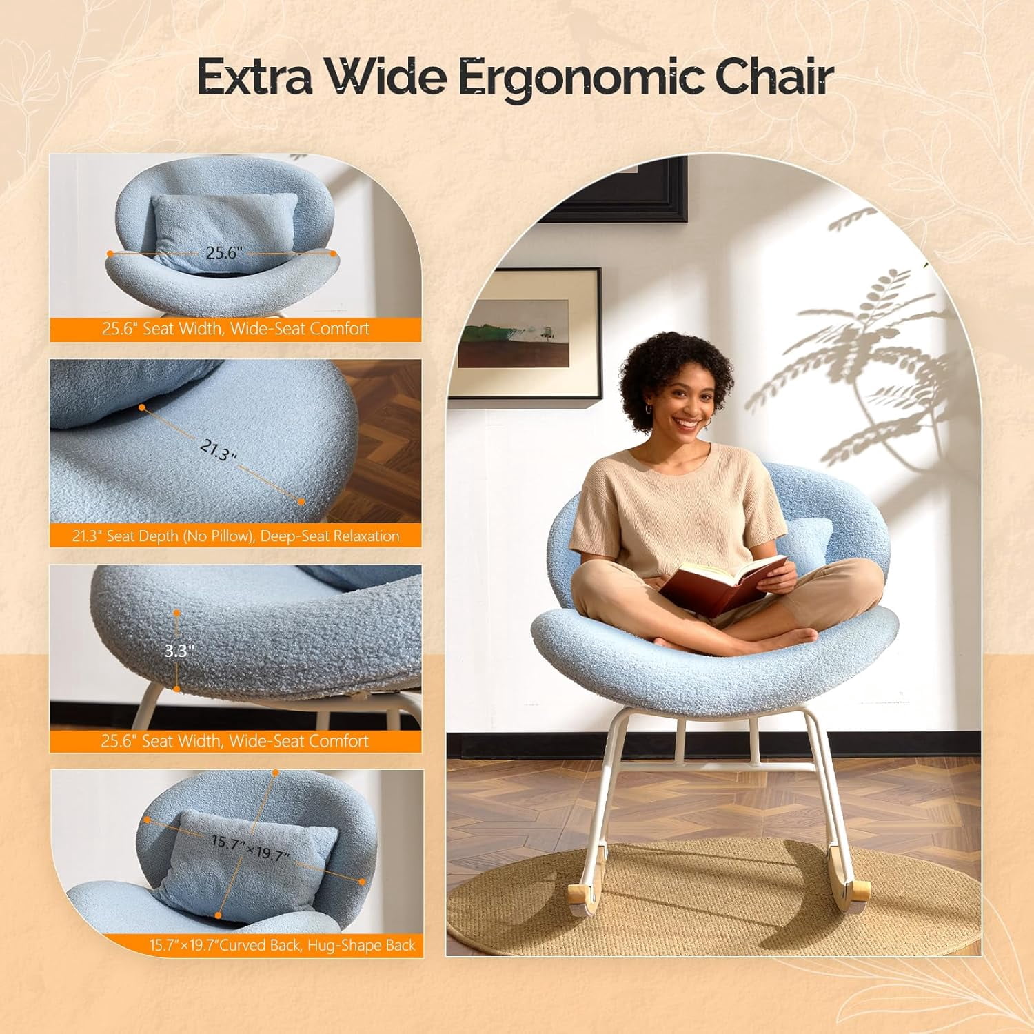 JFTER 25.6" Extra Wide Criss Cross Nursery Rocking Chair,Cute Curved 115° Reclining Armless Glider,Teddy Small Rocker w/Pillow & Solid Wood for Indoor,Bedroom, Living Room,Teddy Fleece,Sky Blue