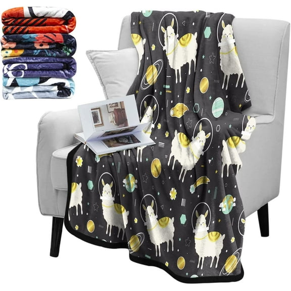 Alpaca Llama Fuzzy Flannel Throw Blankets, Soft Blankets and Throws, Daughter Mom Friend Gift Cute Space Llama and Planets Print Decorative Throw Blankets for Couch, 50"X60"