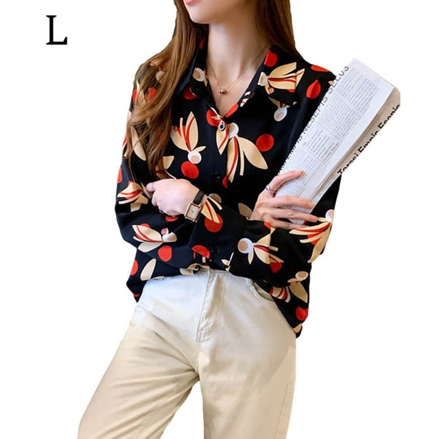 Camisa de lunares para mujer con estampado floral, manga larga, botón, top informal suelto, negro, L Yuarrent AP001442-03