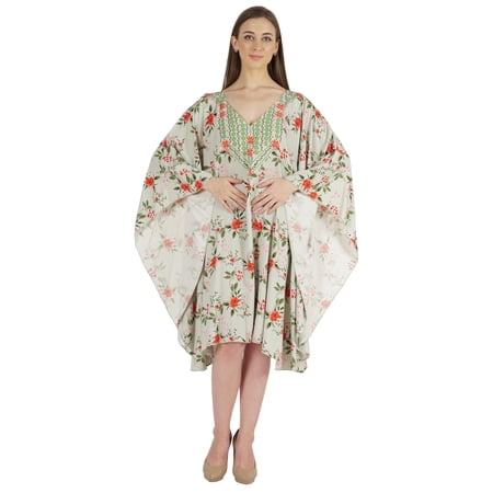 Moomaya Printed Tunic Kaftan Dress For Women Kimono Sleeves Loungewear Coverup Caftan Dress