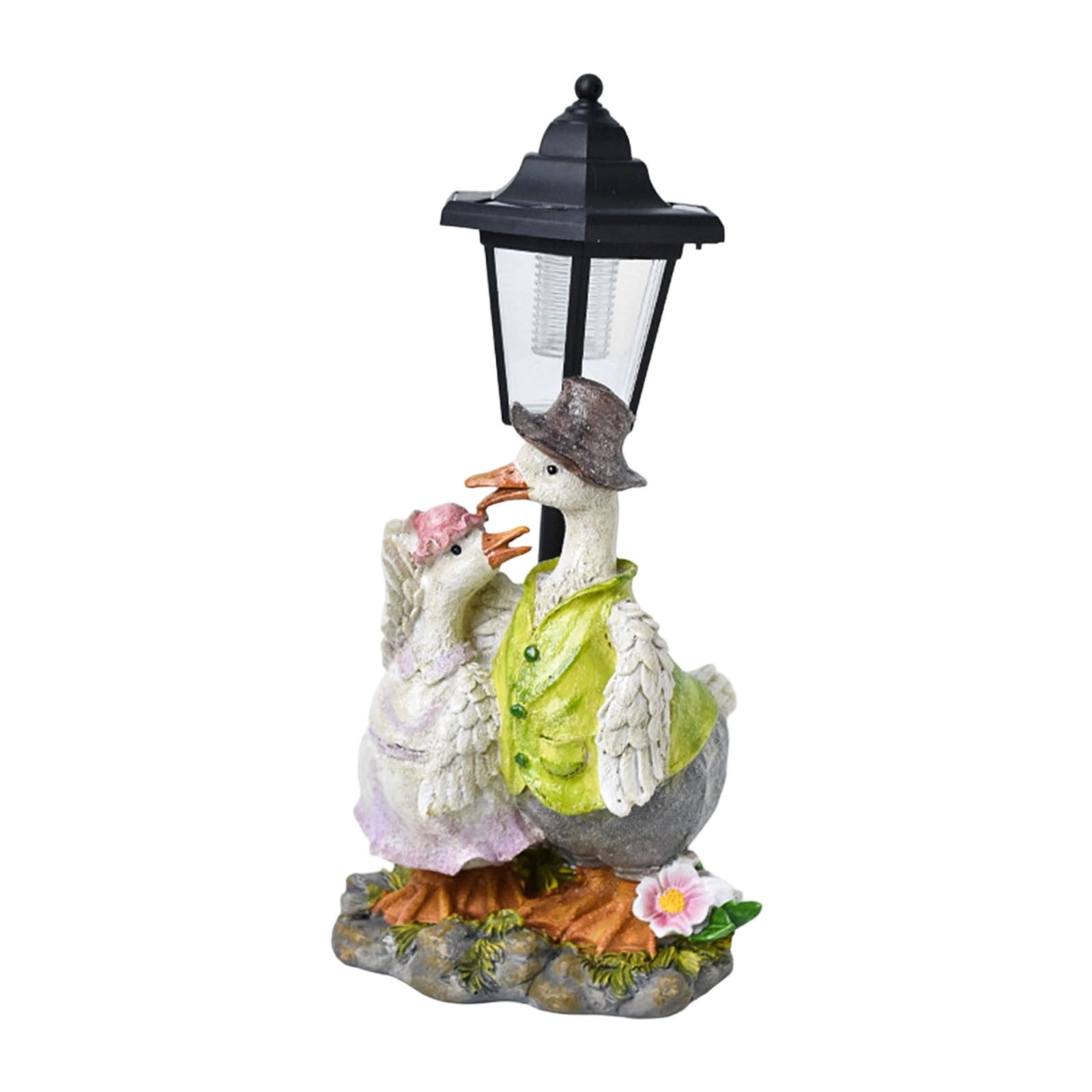 Solar Garden Statue - Couple Ducks Under Lamp Post - 13.3" Resin Outdoor Figurine with LED Light, Waterproof Yard Art Decor for Patio, Lawn, Porch - Romantic Wedding & Gift