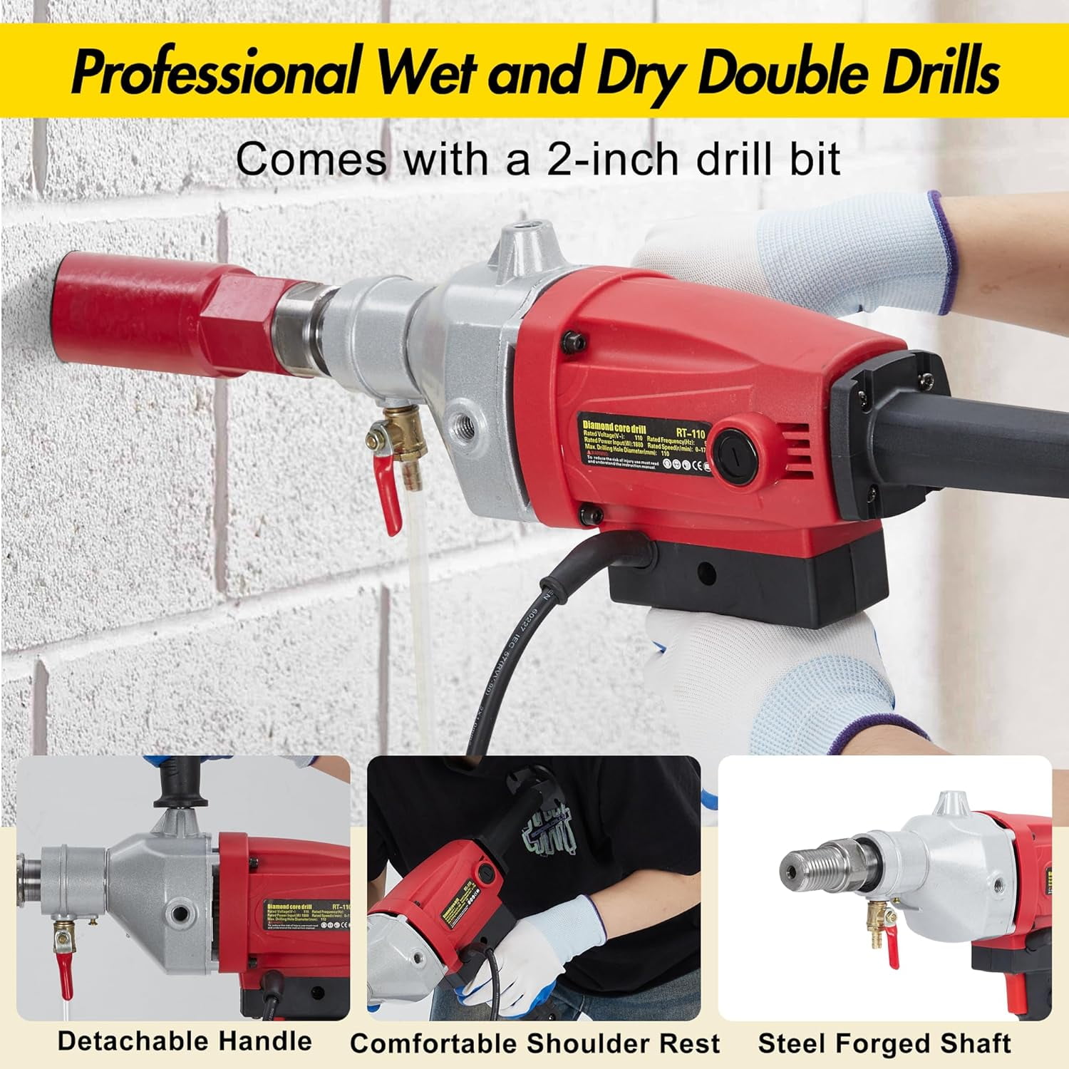 Telyswee 1500W Handheld Diamond Core Drilling Machine, 2-Speed Concrete Core Drill Rig (1100RPM/2400RPM), 1-1/4" Thread Power Drill for Brick, Concrete, Block, and Stone