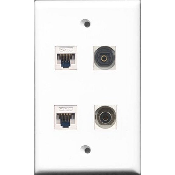 RiteAV 1 Port Toslink and 1 Port 3.5mm 2 Port Cat5e Ethernet White Wall Plate