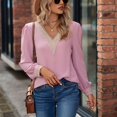 thumbnail image 4 of Pullover Lace Stitching V cuello largo Puff mangas Casual cómodo gasa mujeres Top, 4 of 7