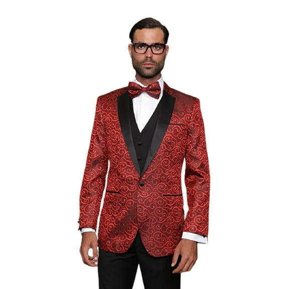 Bellagio Classic 3Pc 1 Button Mens Red Suit With Trim On The Collar Super 150'S Extra Fine Italian Fabric By Alberto Nardoni Brand Designer